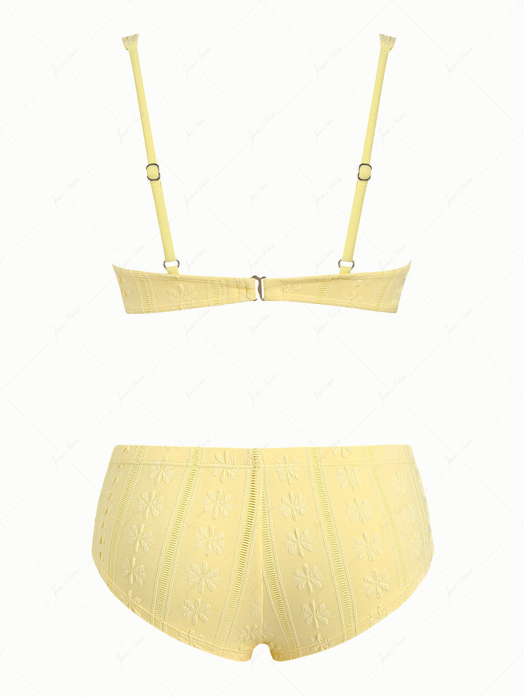Yellow Jacquard Textured Lace Bowknot Underwire Cheeky Boyshorts Bikini Set