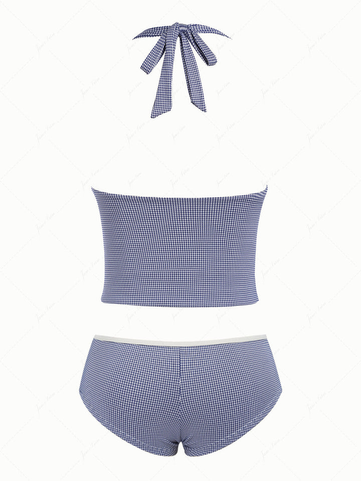 Deep Blue Vintage Plaid Deep V Neck Cheeky Boyshorts Tankini Set