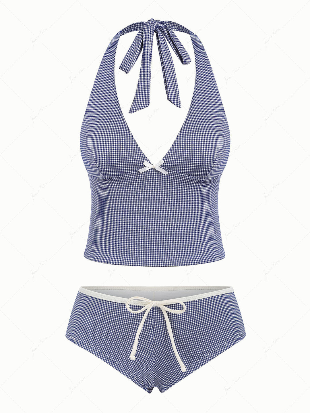 Deep Blue Vintage Plaid Deep V Neck Cheeky Boyshorts Tankini Set