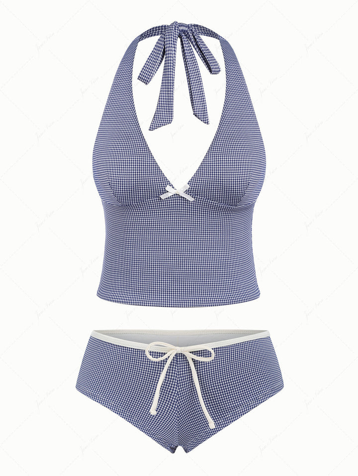 Deep Blue Vintage Plaid Deep V Neck Cheeky Boyshorts Tankini Set