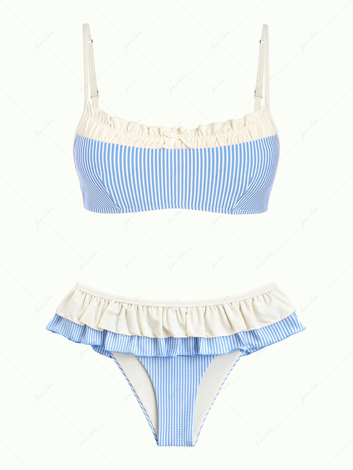 Janex Light Blue Striped Spliced Ruched Peplum Skirted Bikini Set