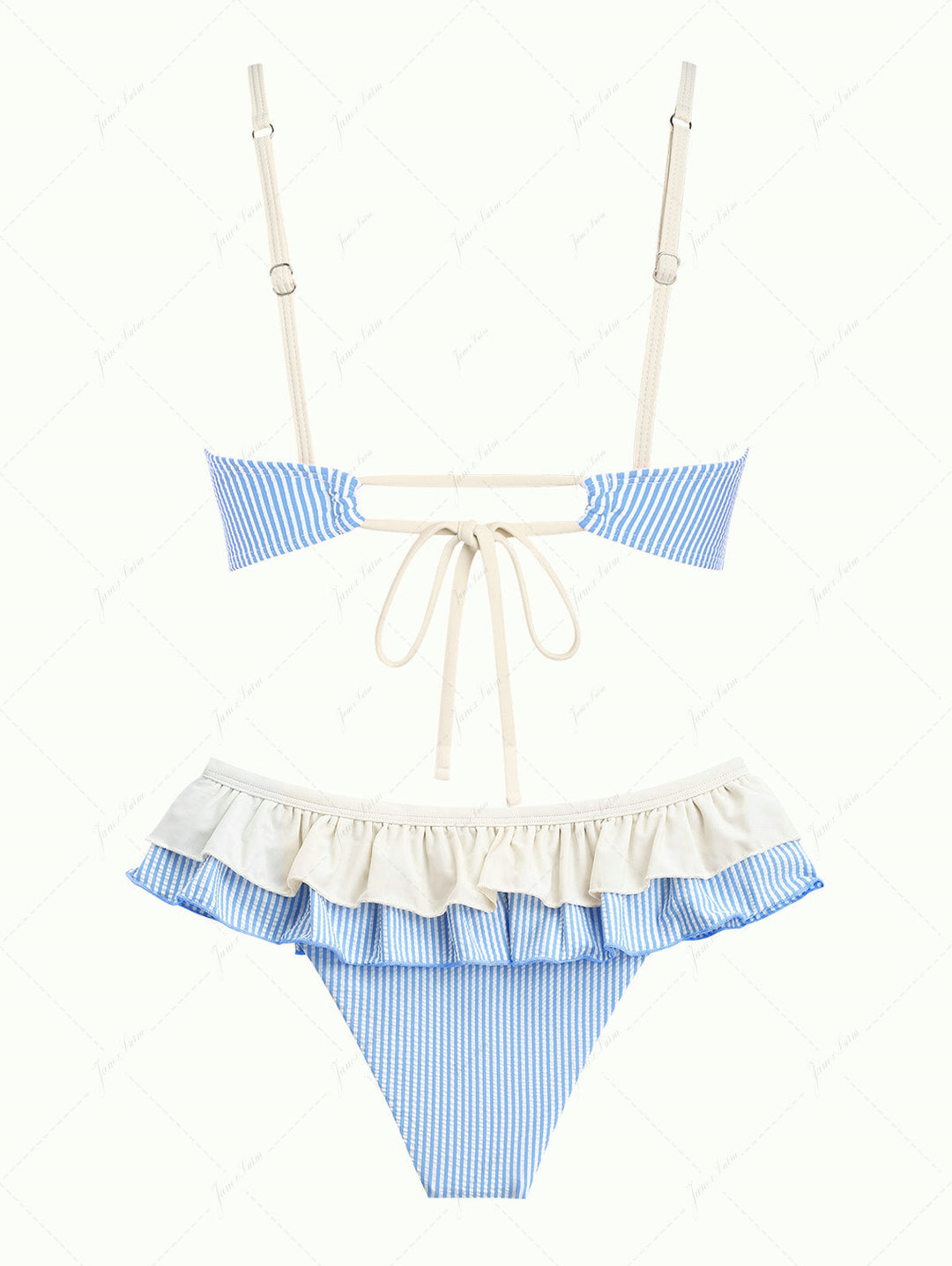 Janex Light Blue Striped Spliced Ruched Peplum Skirted Bikini Set