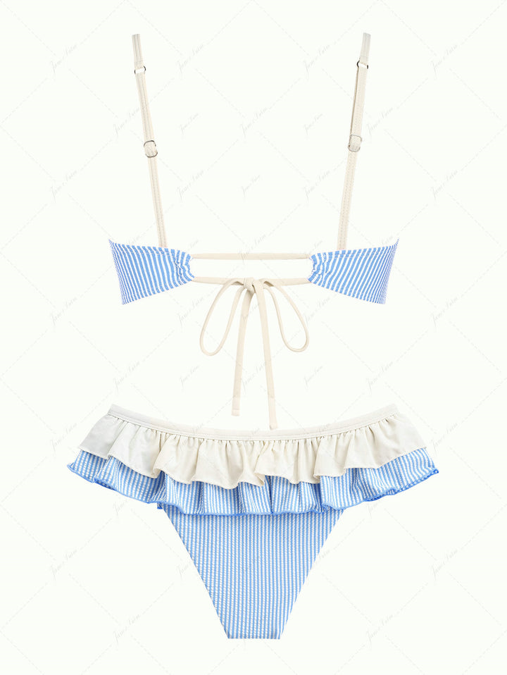 Janex Light Blue Striped Spliced Ruched Peplum Skirted Bikini Set