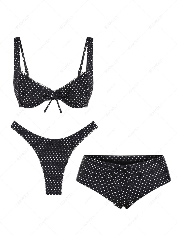 Seamolly 3 Piece Polka Dot Picot Trim Bowknot Underwire Cheeky Boyshort Bikini Set