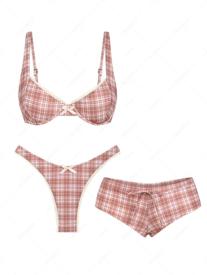 Seamolly 3 Piece Vintage Gingham Lace Bowknot Underwire Cheeky Boyshort Bikini Set