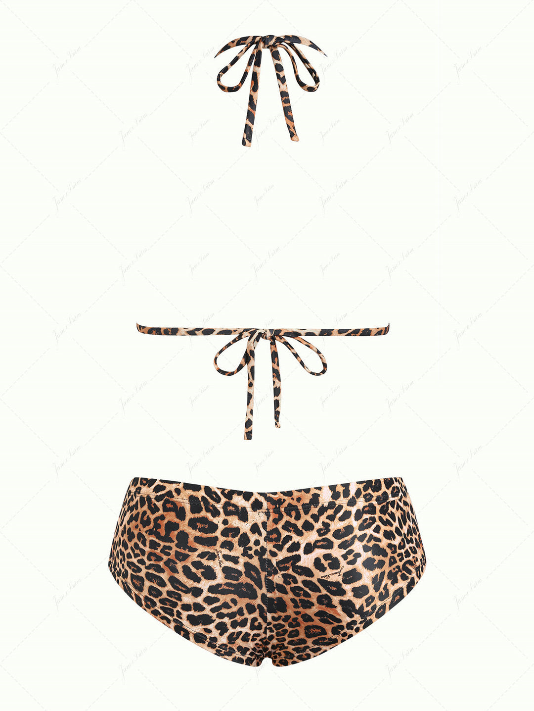 Janex Vintage Leopard Lace Bowknot Halter Triangle Cheeky Boyshorts Bikini Set