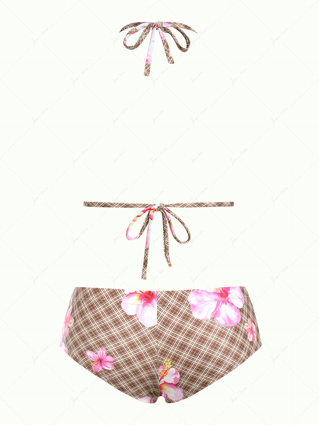 Janex Coffee Vintage Plaid Floral Hibiscus Triangle Cheeky Boyshorts Bikini Set