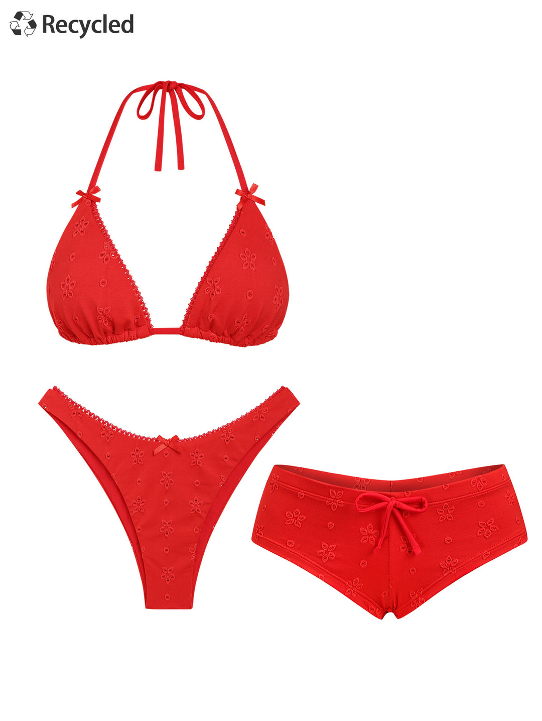 Seamolly 3 Piece Recycled Fabric Jacquard Lace Bowknot Triangle Cheeky Boyshort Bikini Set