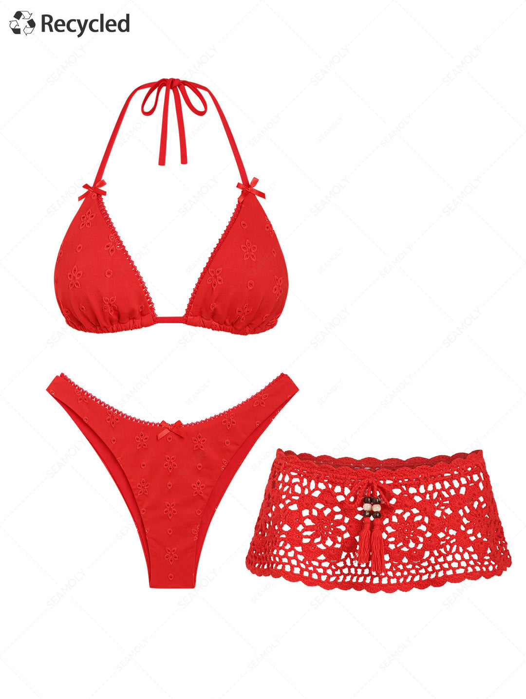 Seamolly 3 Piece Swimsuit - Recycled Fabric Jacquard Halter Triangle Bikini Set & Crochet Skirt Cover Up