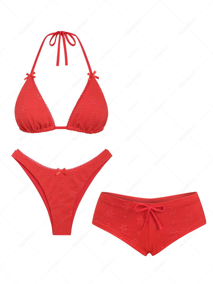 Seamolly 3 Piece Recycled Fabric Jacquard Lace Bowknot Triangle Cheeky Boyshort Bikini Set