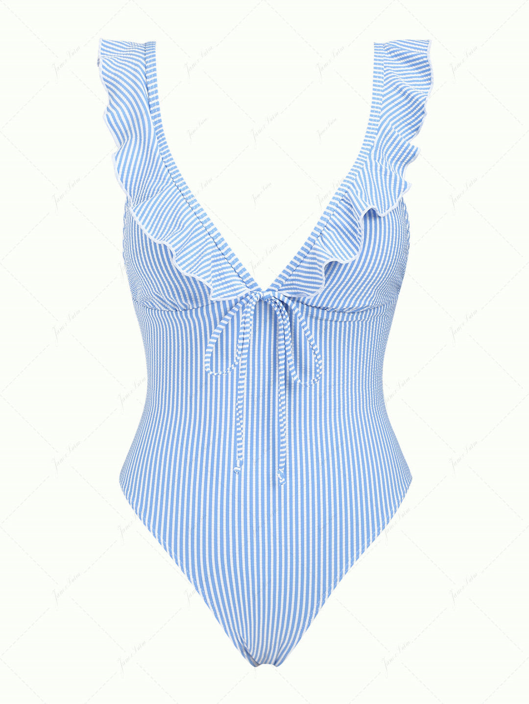 Sky Blue Striped Ruffles Deep V Neck One-piece Swimsuit