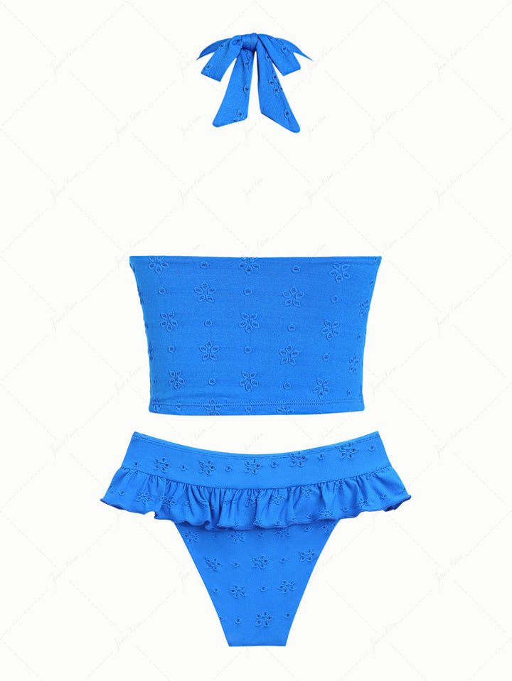 Blue Recycled Fabric Jacquard Bowknot Halter Skirtini Tankini Set