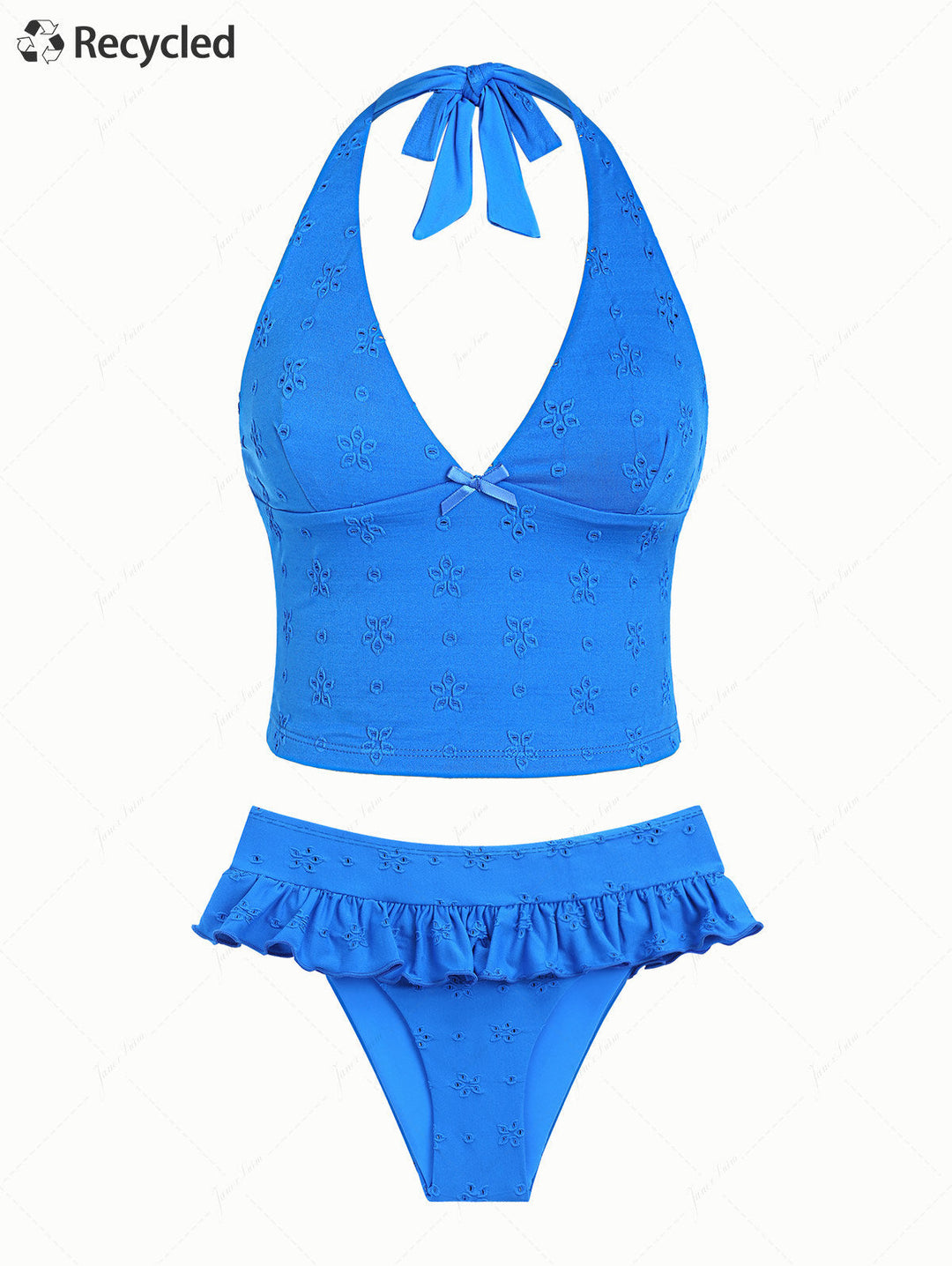 Blue Recycled Fabric Jacquard Bowknot Halter Skirtini Tankini Set
