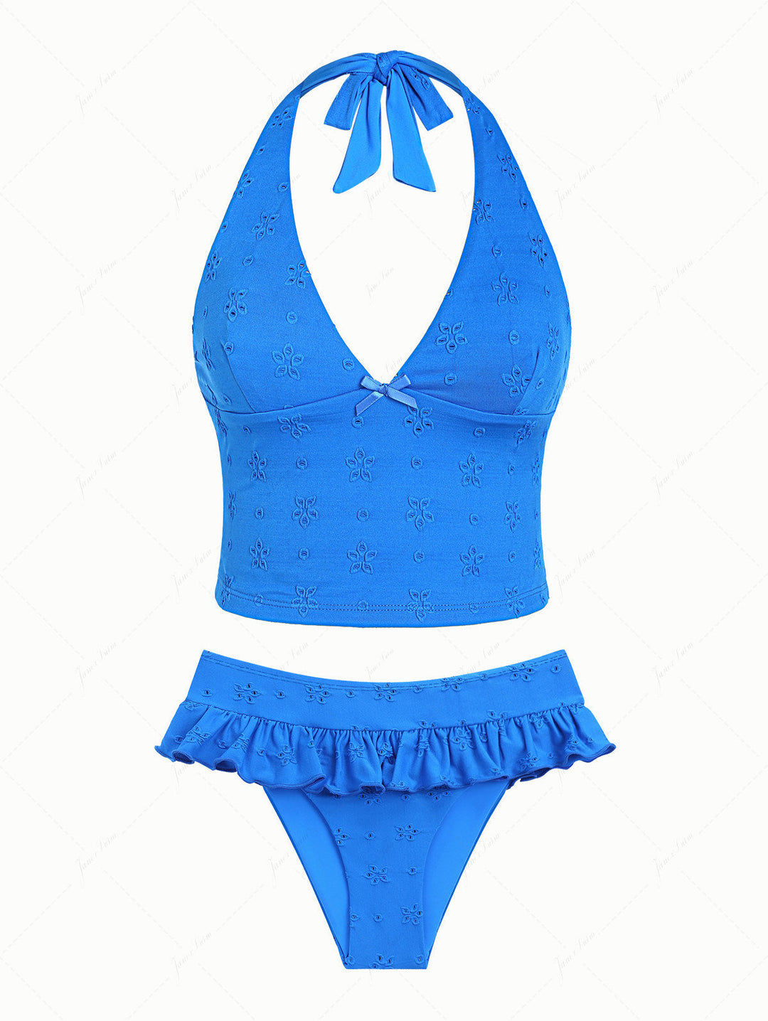 Blue Recycled Fabric Jacquard Bowknot Halter Skirtini Tankini Set