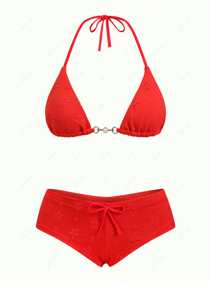 Red Recycled Fabric Jacquard Faux Pearl Halter Triangle Cheeky Boyshorts Bikini Set