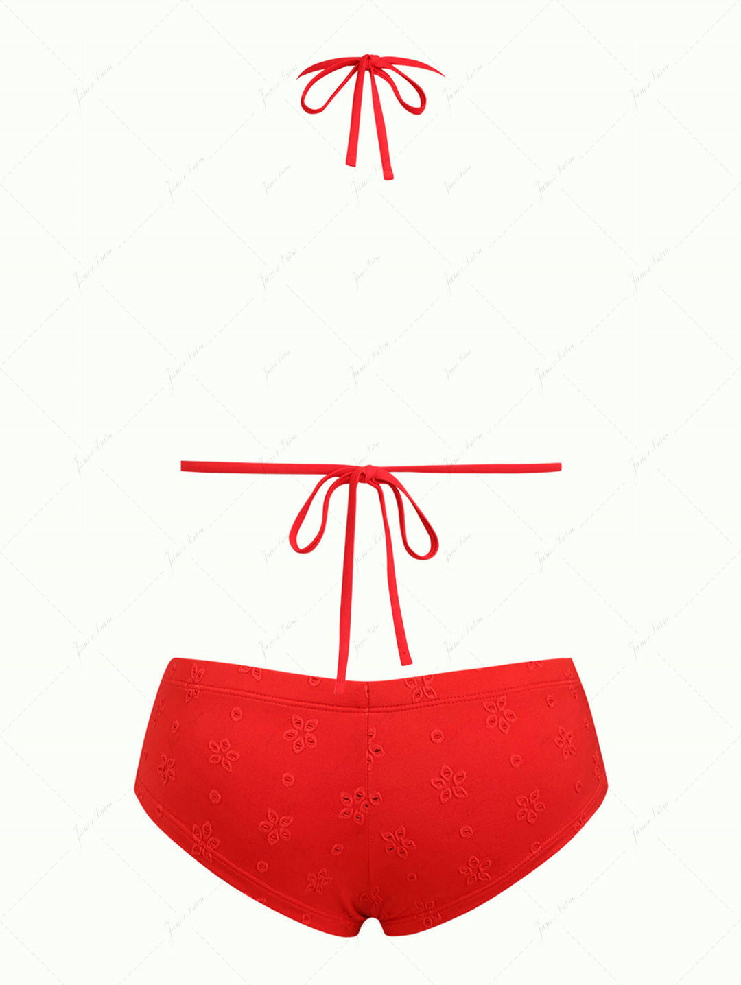 Red Recycled Fabric Jacquard Faux Pearl Halter Triangle Cheeky Boyshorts Bikini Set