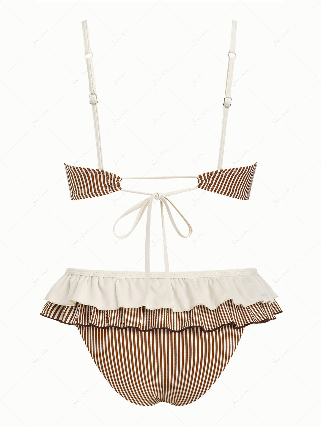 Coffee Striped Spliced Ruched Ruffles Bowknot Skirtini Bikini Set