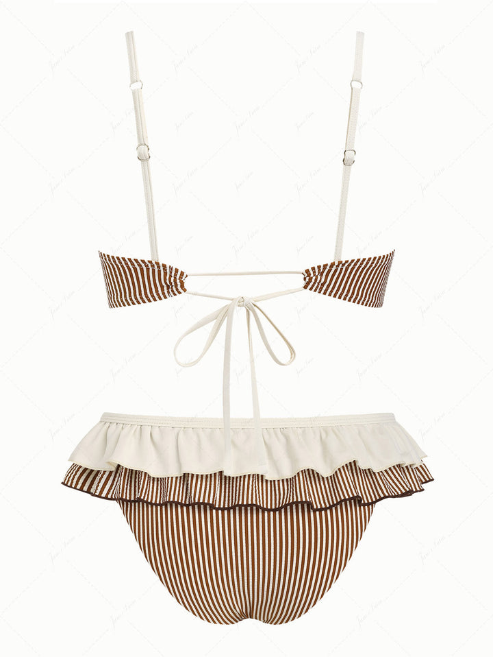 Coffee Striped Spliced Ruched Ruffles Bowknot Skirtini Bikini Set