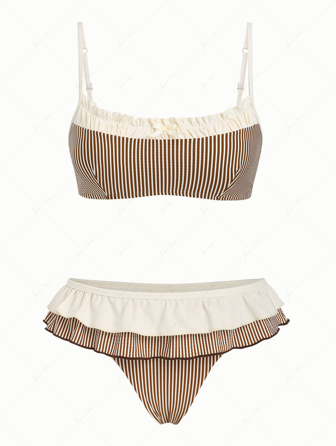 Coffee Striped Spliced Ruched Ruffles Bowknot Skirtini Bikini Set