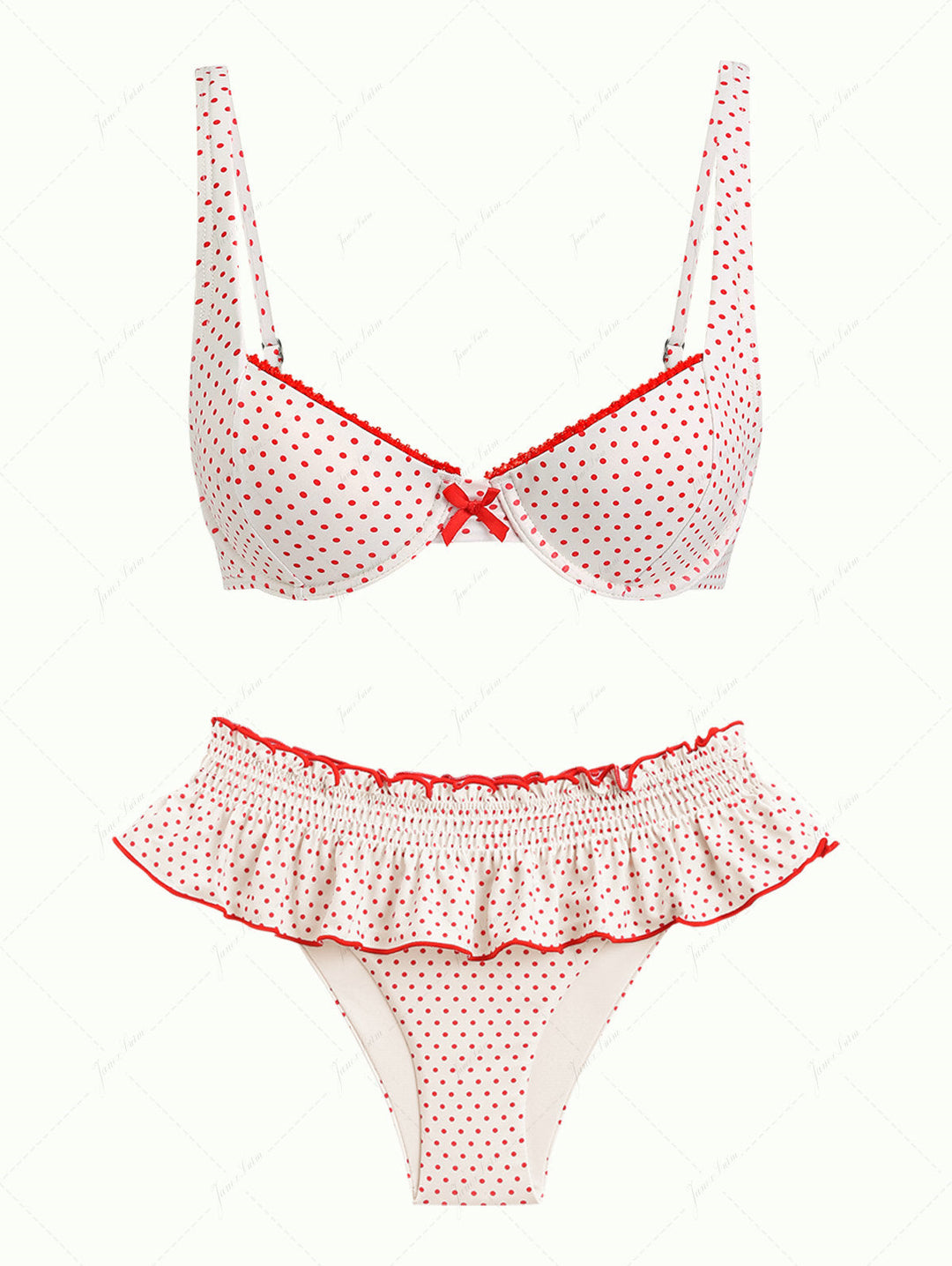 Janex Crystal Cream Polka Dot Lace Bowknot Underwire Skirtini Bikini Set