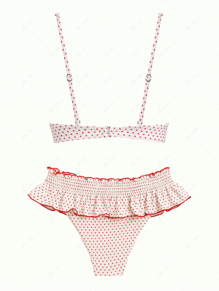 Janex Crystal Cream Polka Dot Lace Bowknot Underwire Skirtini Bikini Set