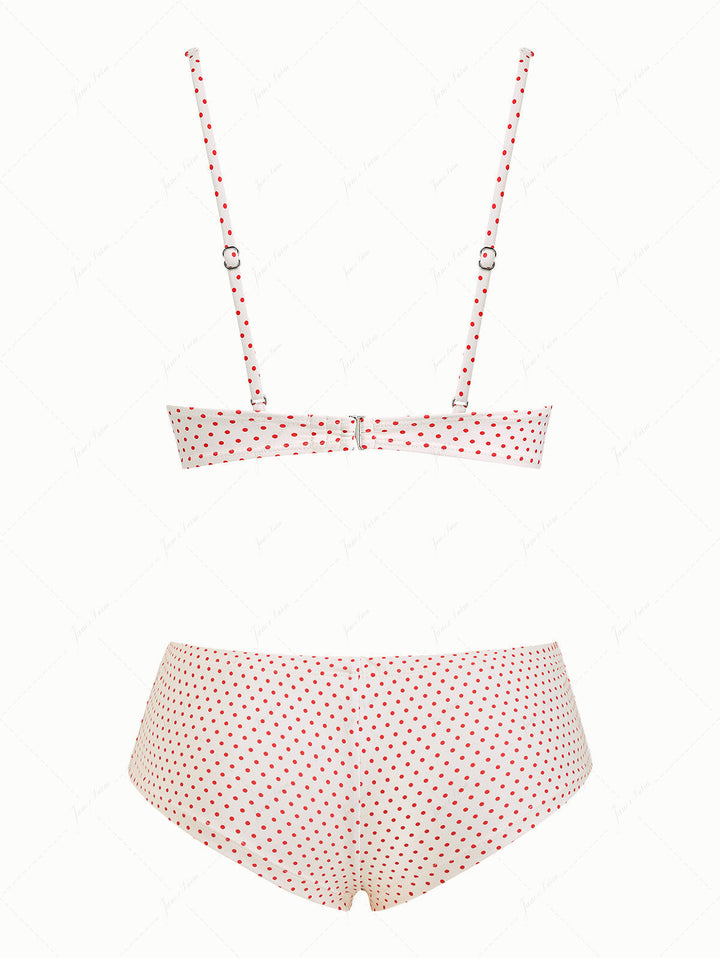 Crystal Cream Polka Dot Lace Bowknot Underwire Cheeky Boyshorts Bikini Set