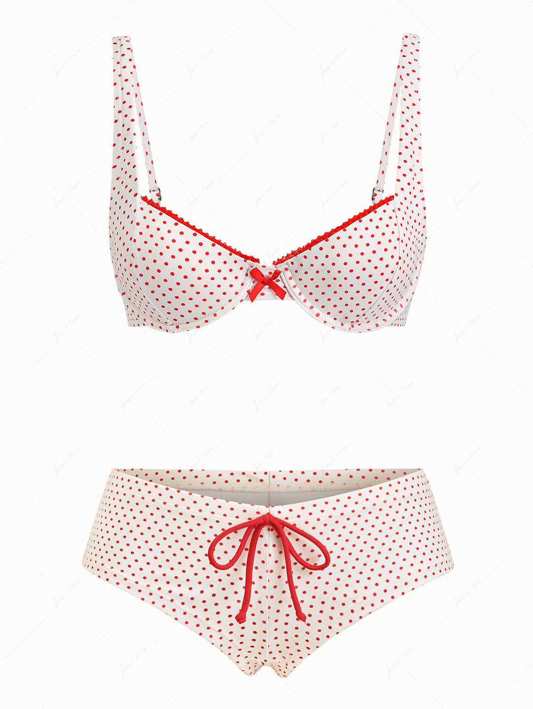 Crystal Cream Polka Dot Lace Bowknot Underwire Cheeky Boyshorts Bikini Set