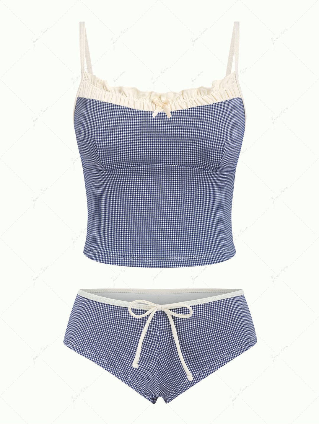 Deep Blue Vintage Plaid Spliced Ruffles Tank Top & Cheeky Boyshorts Tankini Set