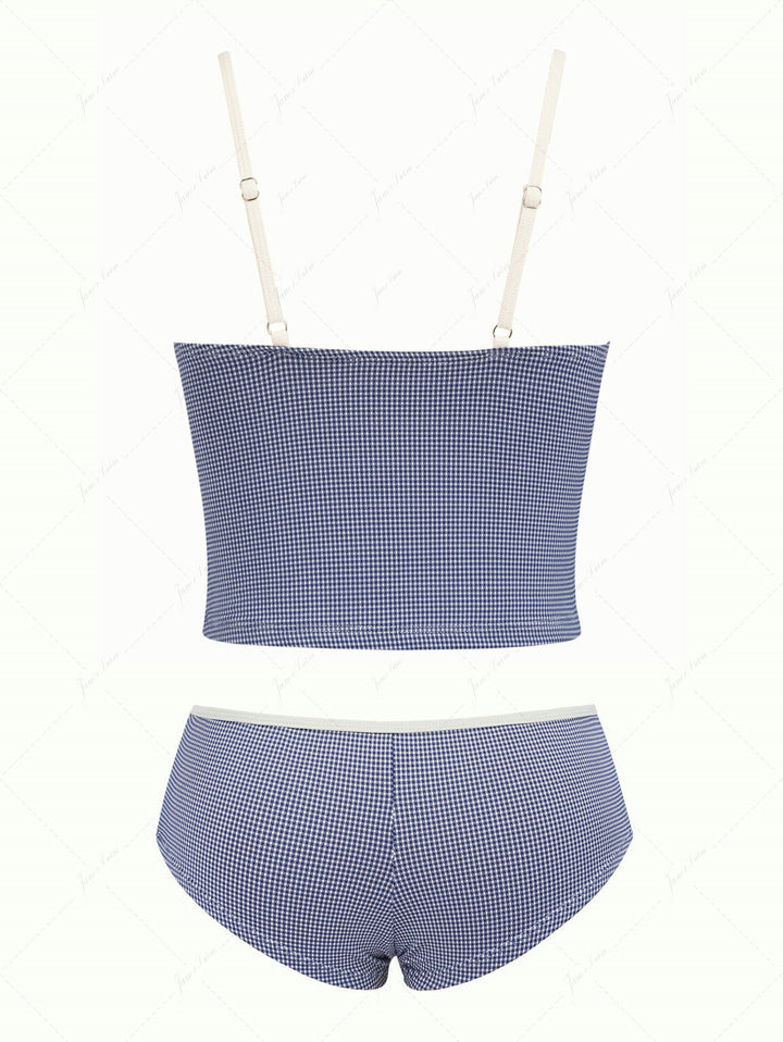 Deep Blue Vintage Plaid Spliced Ruffles Tank Top & Cheeky Boyshorts Tankini Set