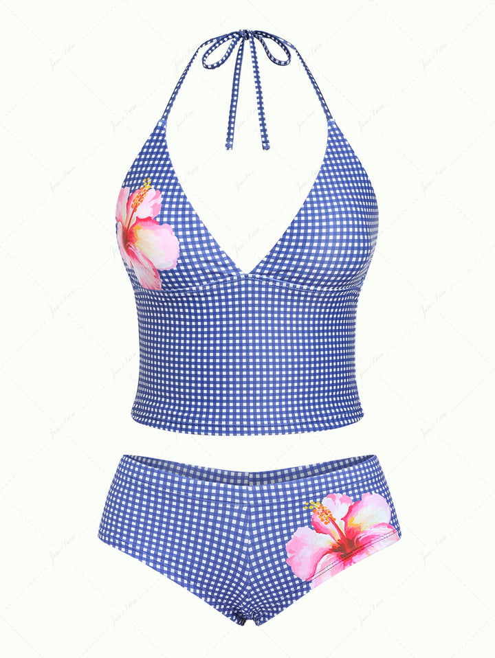 Janex Deep Blue Plaid Floral Hibiscus Halter Tank Top & Cheeky Boyshorts Tankini Set