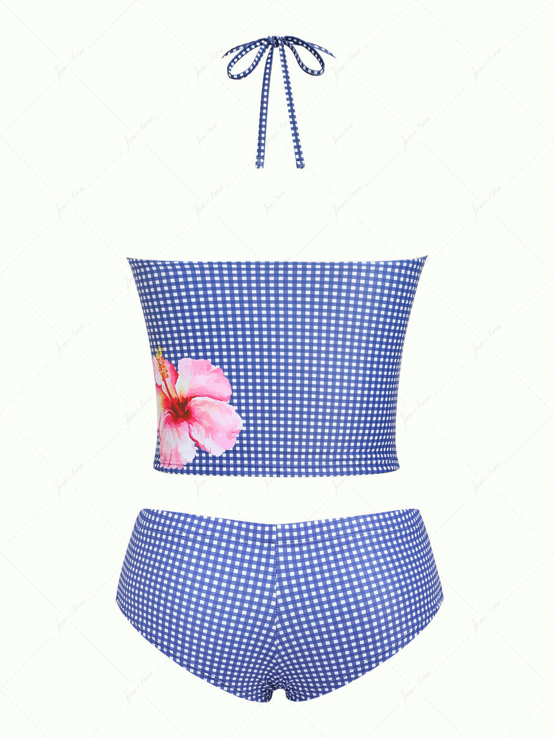 Janex Deep Blue Plaid Floral Hibiscus Halter Tank Top & Cheeky Boyshorts Tankini Set