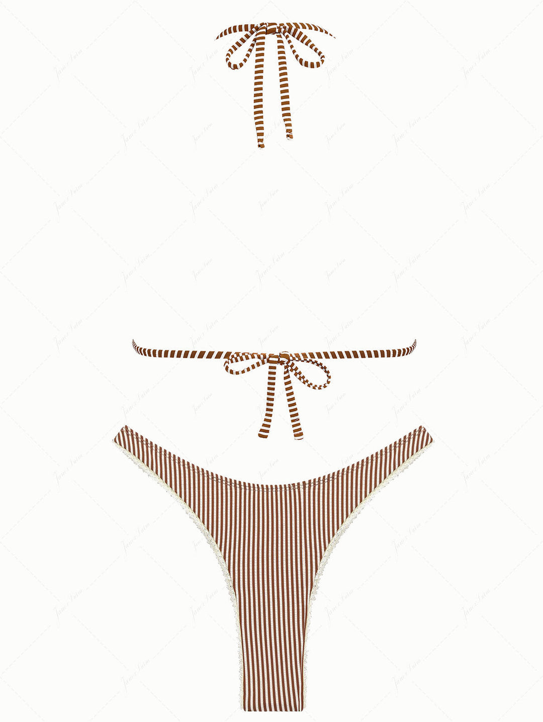 Coffee Striped Lace Bowknot Halter Triangle Cheeky Bikini Set