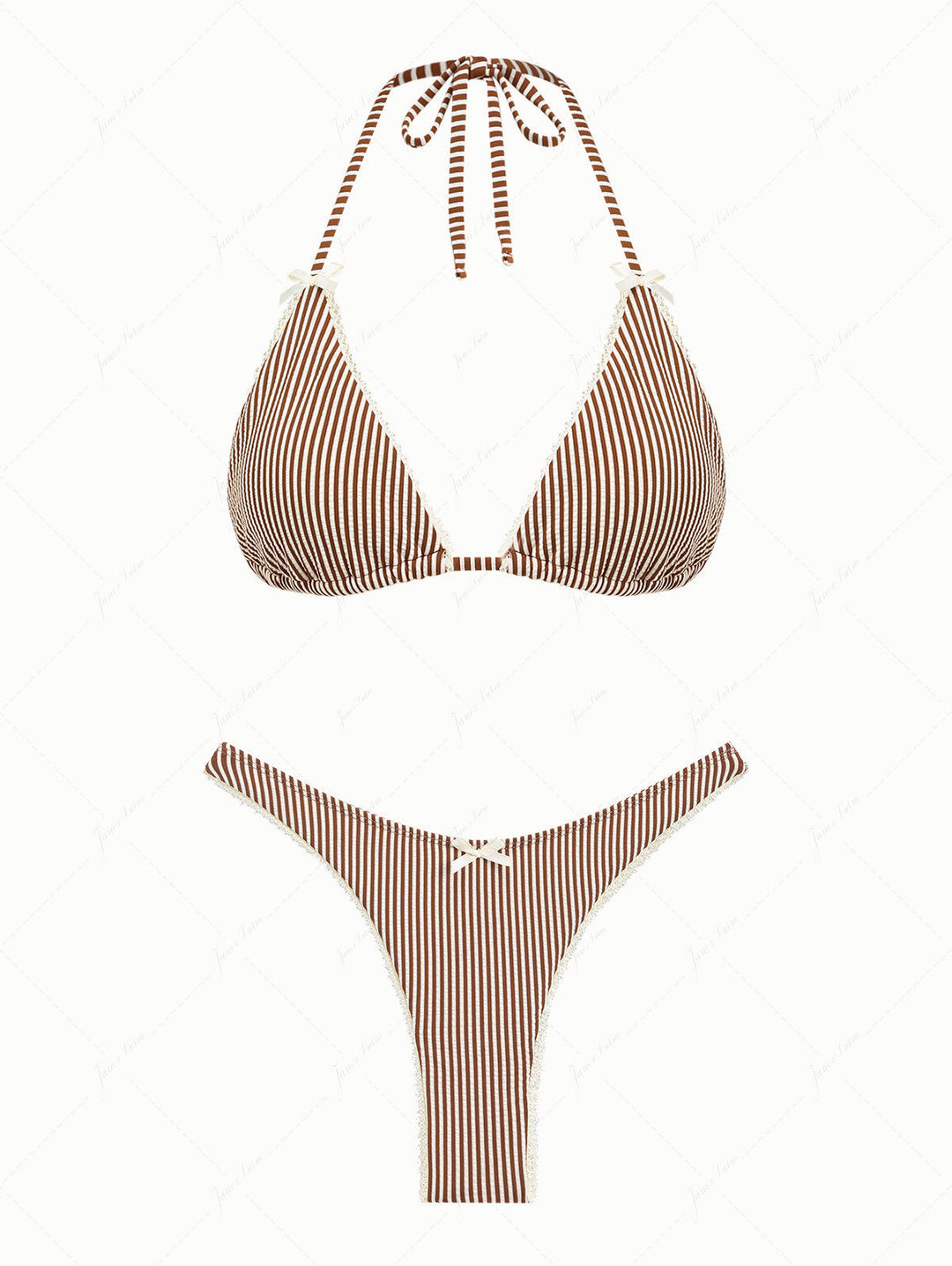 Coffee Striped Lace Bowknot Halter Triangle Cheeky Bikini Set