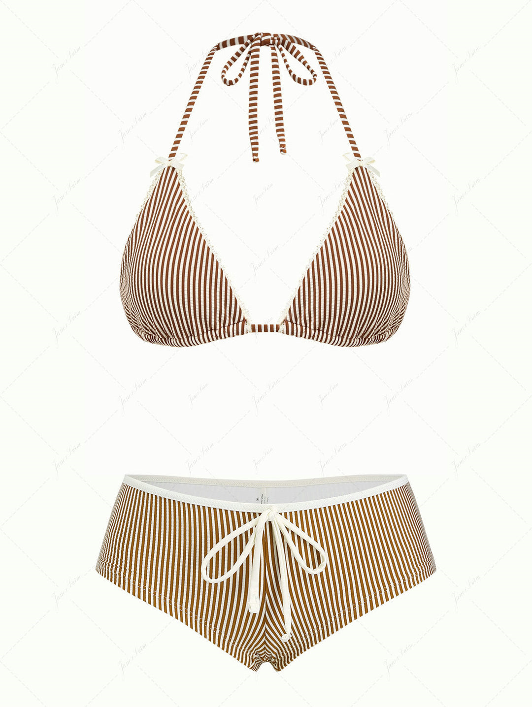 Janex Coffee Striped Lace Bowknot Halter Triangle Cheeky Boyshort Bikini Set