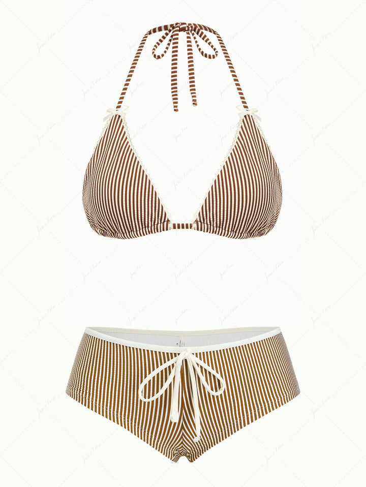 Janex Coffee Striped Lace Bowknot Halter Triangle Cheeky Boyshort Bikini Set