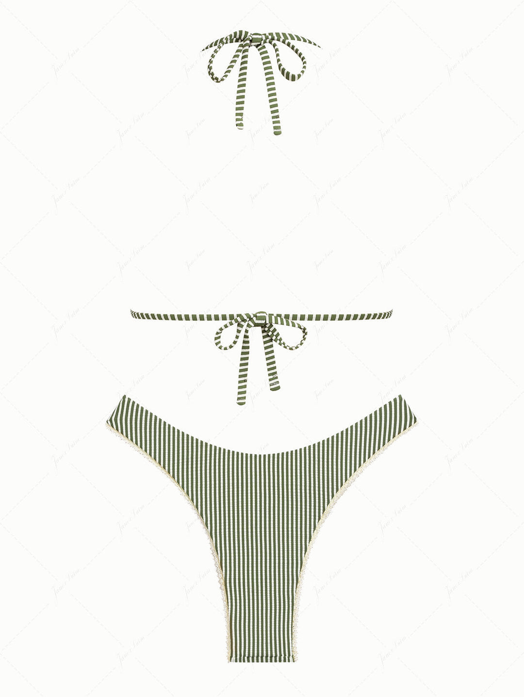 Green Striped Lace Bowknot Halter Triangle Cheeky Bikini Set