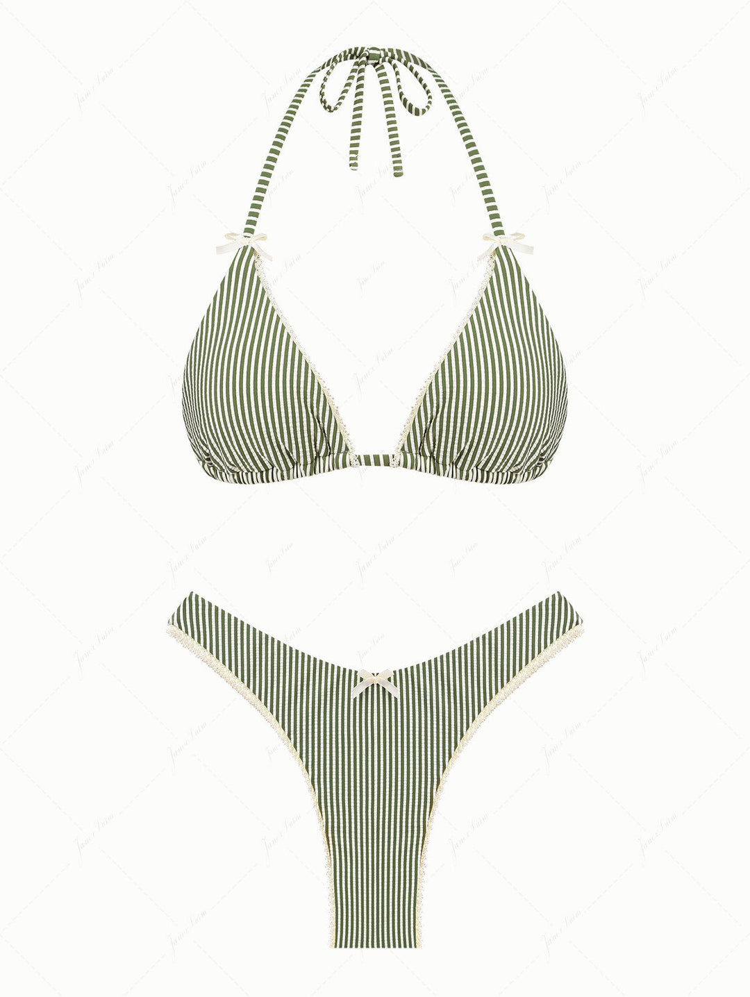 Green Striped Lace Bowknot Halter Triangle Cheeky Bikini Set
