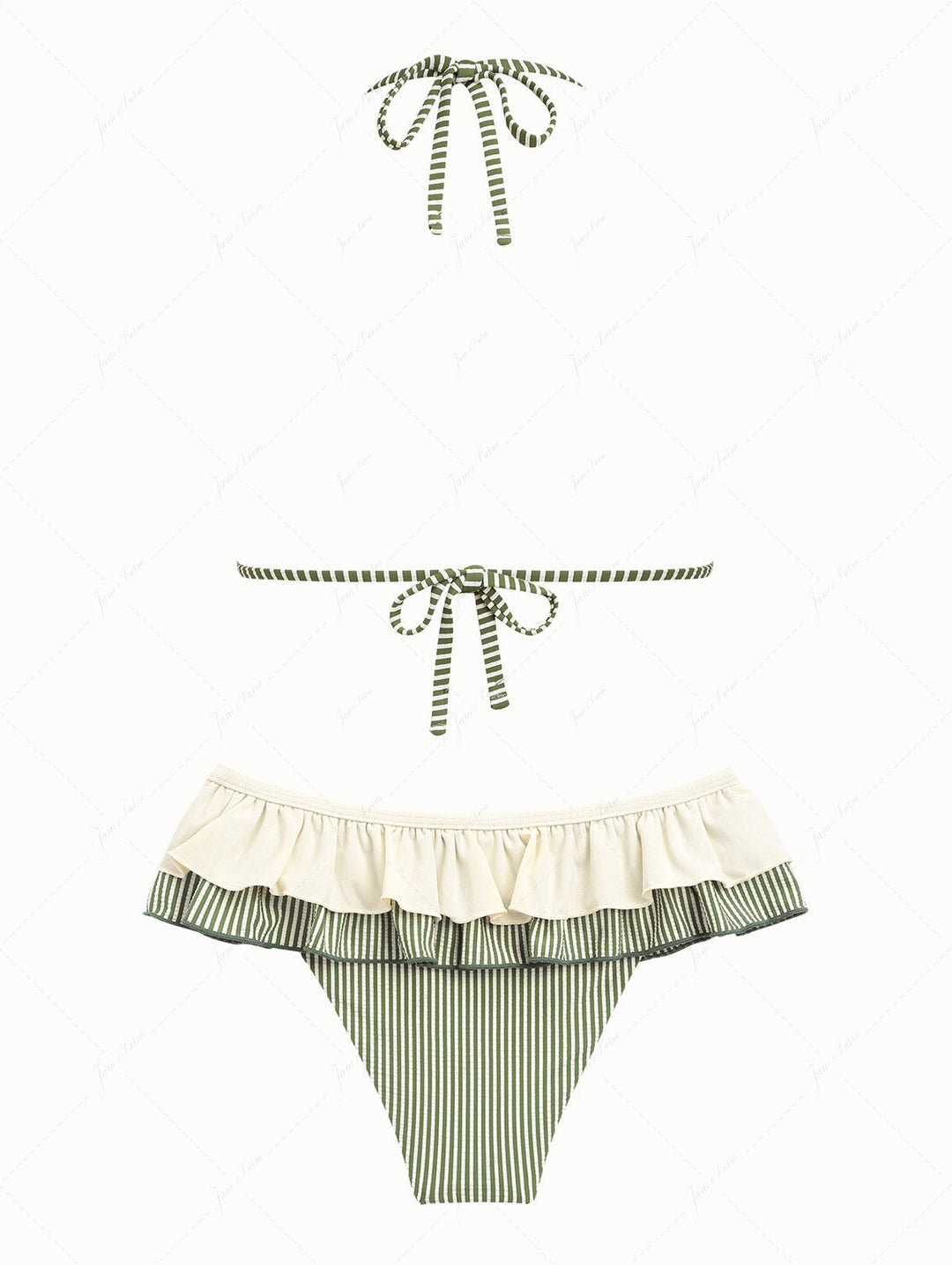 Green Striped Lace Bowknot Halter Triangle Skirtini Bikini Set