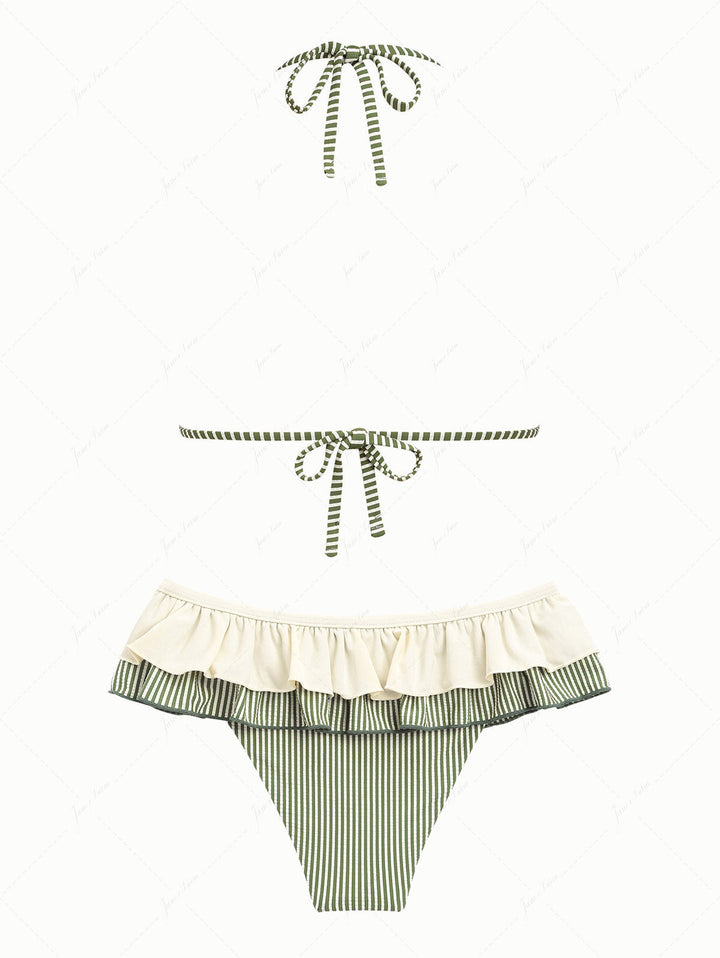 Green Striped Lace Bowknot Halter Triangle Skirtini Bikini Set