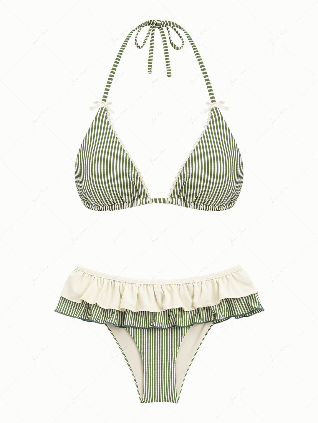 Green Striped Lace Bowknot Halter Triangle Skirtini Bikini Set