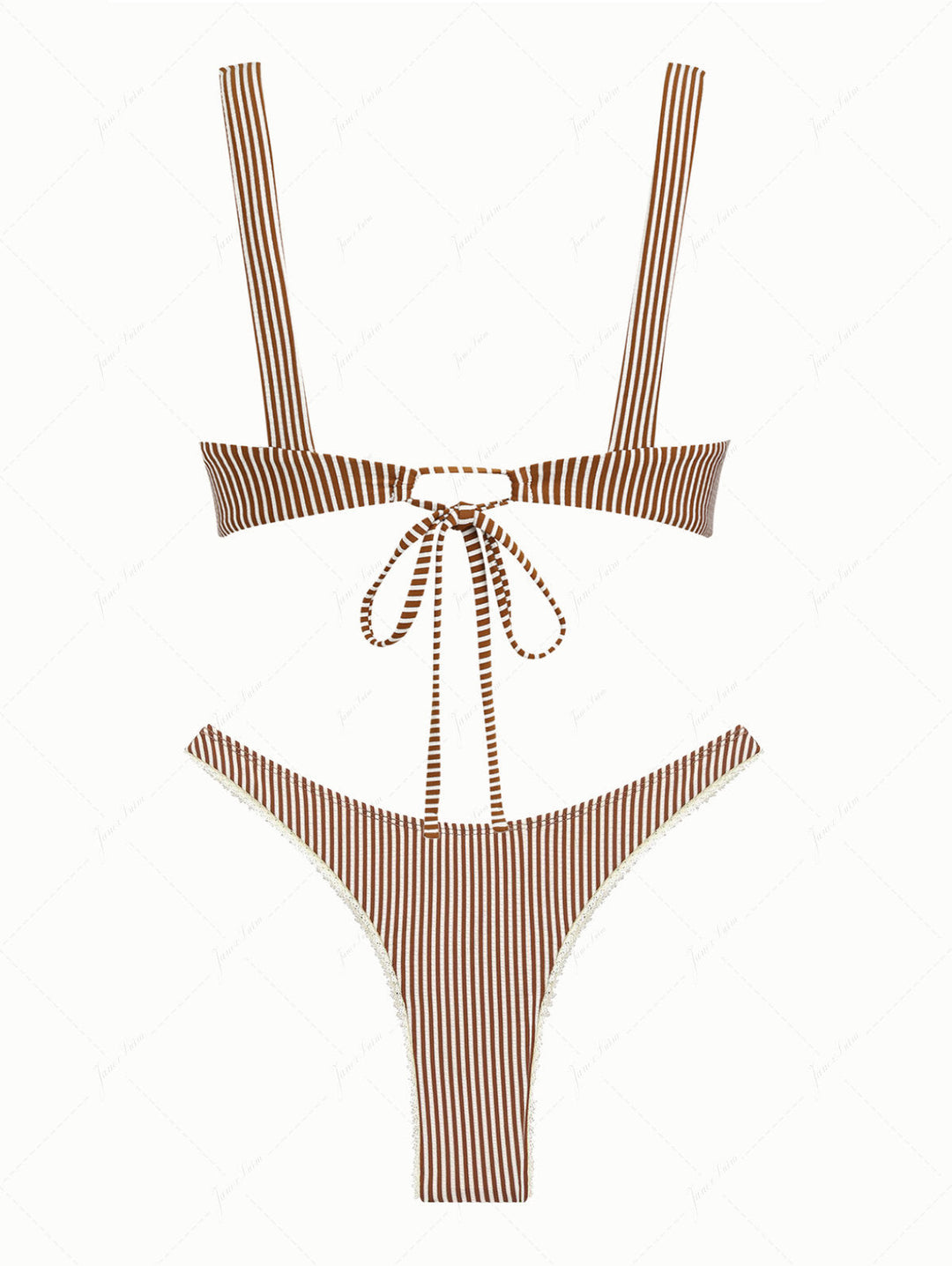 Coffee Striped Lace Bowknot Tank Style Cheeky Bikini Set