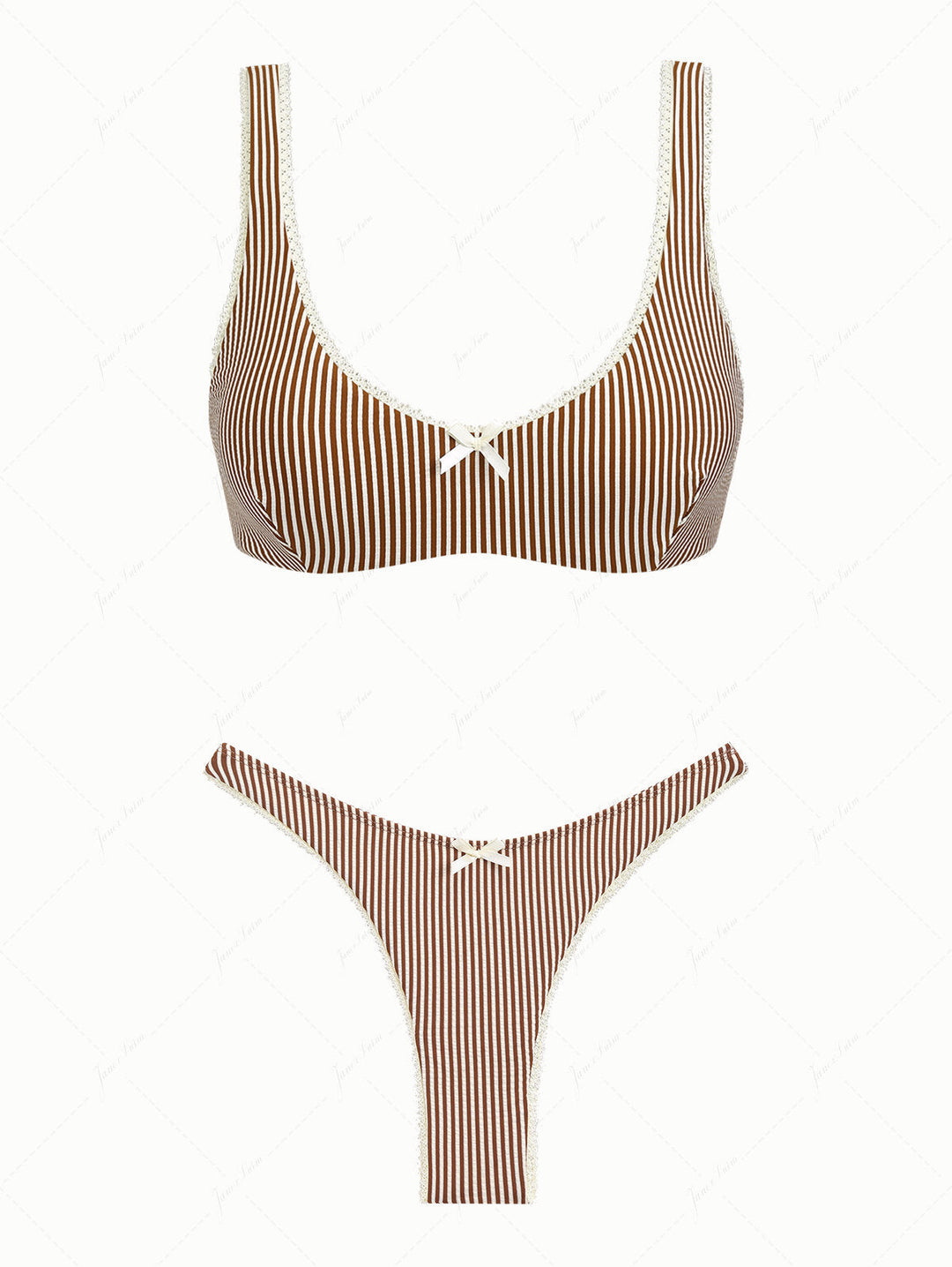 Coffee Striped Lace Bowknot Tank Style Cheeky Bikini Set
