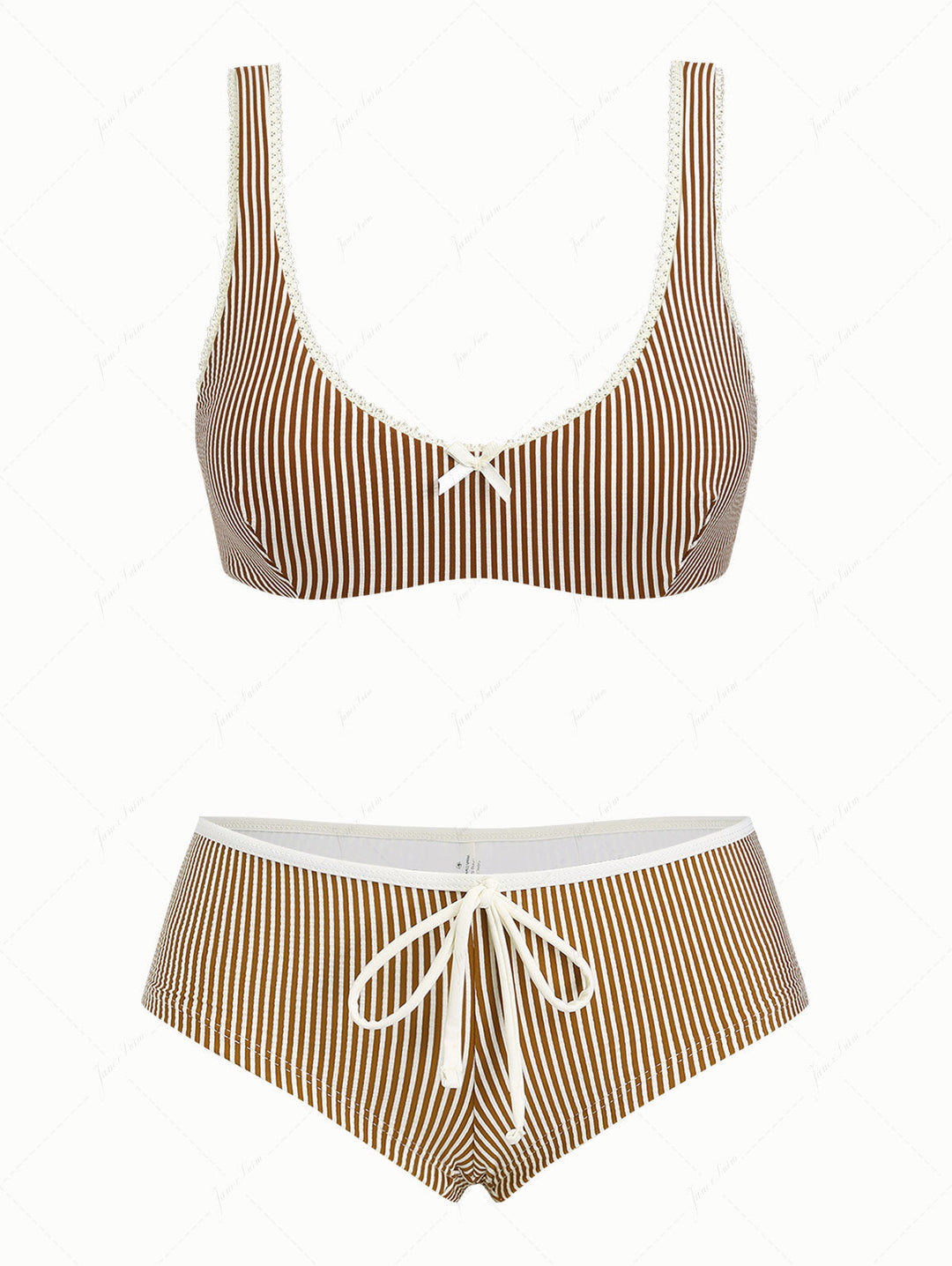 Coffee Striped Lace Bowknot Tank Style Cheeky Boyshorts Bikini Set
