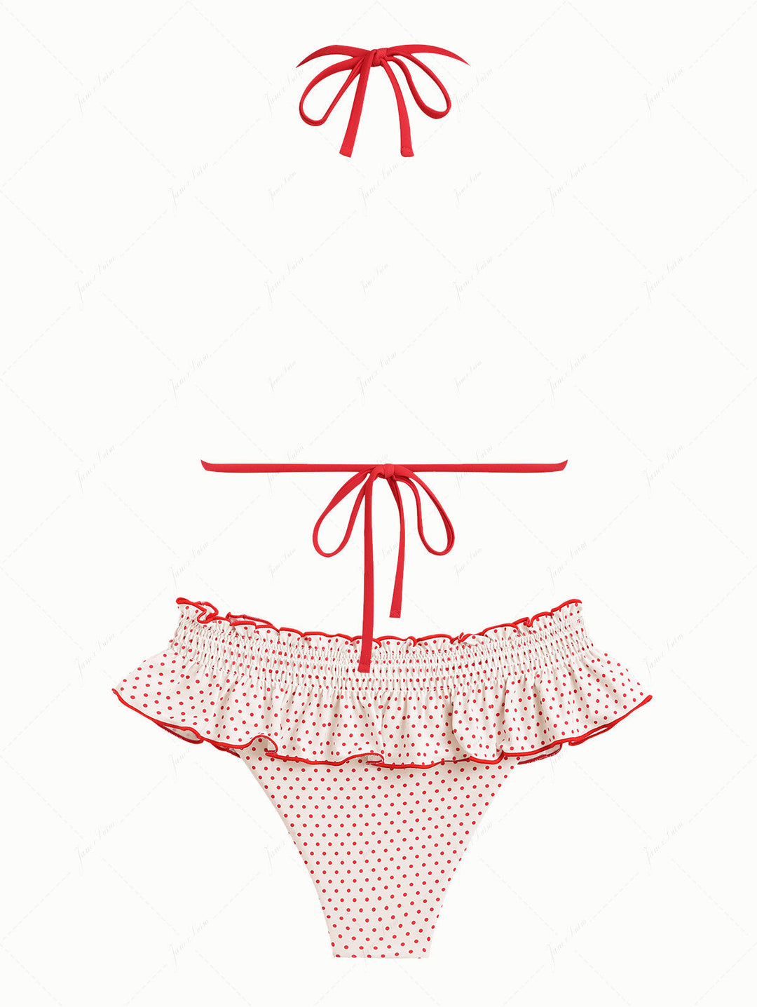 Crystal Cream Polka Dot Lace Bowknot Halter Triangle Skirtini Bikini Set