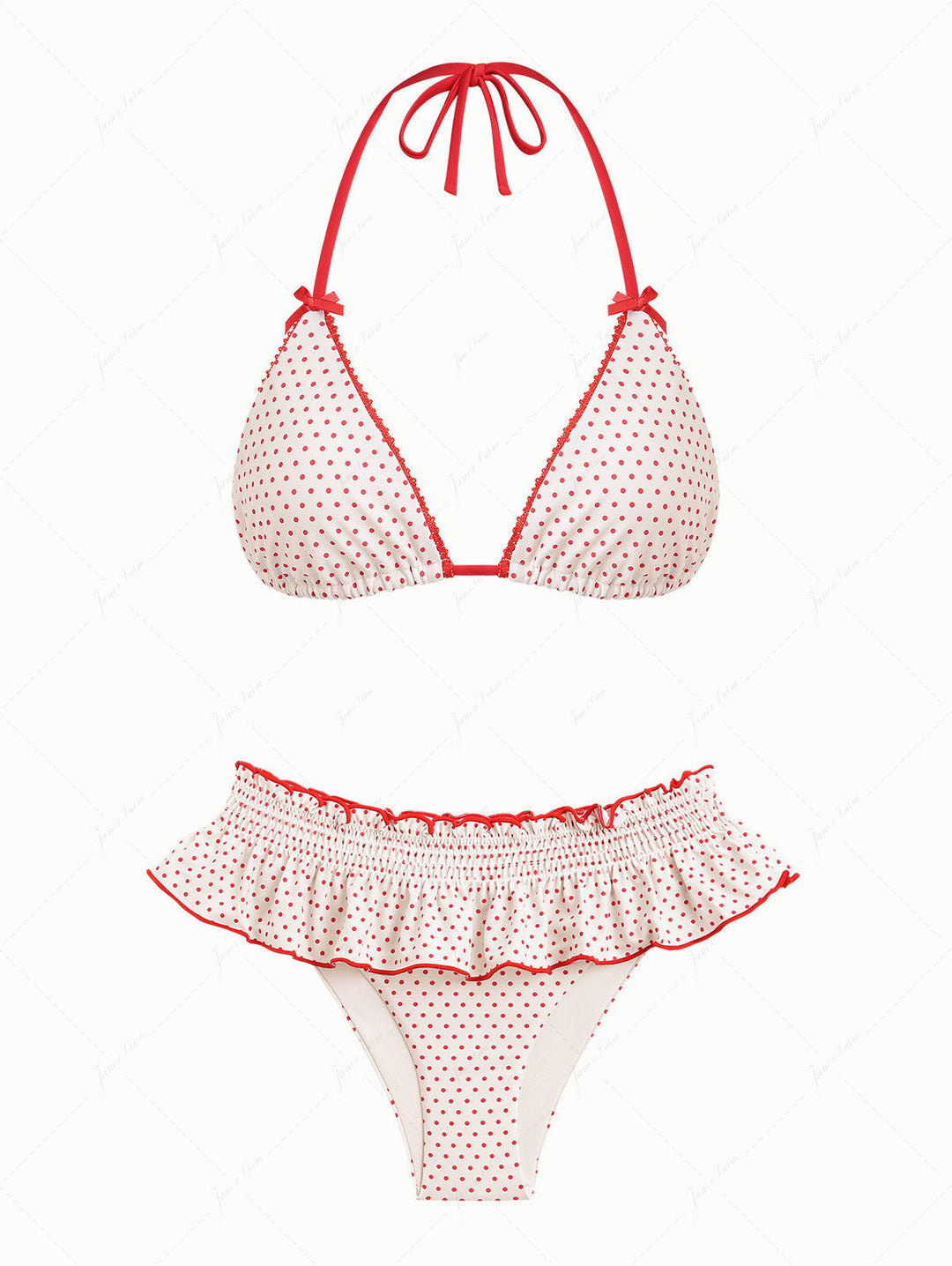 Crystal Cream Polka Dot Lace Bowknot Halter Triangle Skirtini Bikini Set