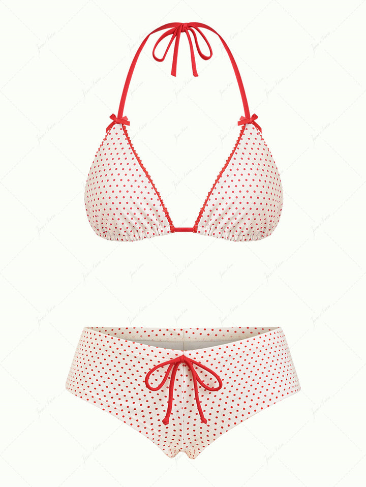 Janex Crystal Cream Polka Dot Lace Bowknot Triangle Cheeky Boyshorts Bikini Set