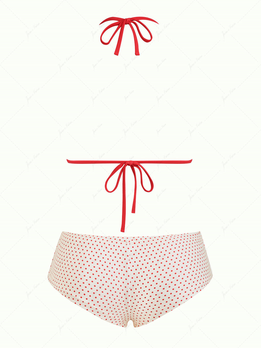Janex Crystal Cream Polka Dot Lace Bowknot Triangle Cheeky Boyshorts Bikini Set