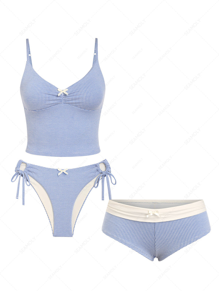 Seamolly 3 Piece Gingham Bowknot Cheeky Boyshort Tankini Set