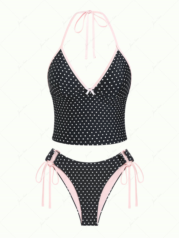 Black Polka Dot Print Bowknot Halter Cinched Tie Side Tankini Set