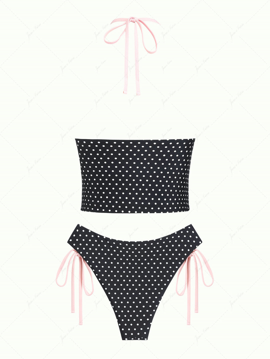 Black Polka Dot Print Bowknot Halter Cinched Tie Side Tankini Set
